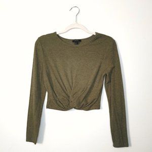 Forever 21 Olive Long Sleeve Knotted Crop Top